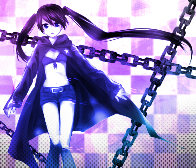 aisora, black rock shooter (character), hatsune miku, black rock shooter, vocaloid, bad id, bad pixiv id, 10s, 1girl, belt, bikini, bikini top only, black hair, blue eyes, chain, coat, female focus, flat chest, front-tie top, hood, hooded jacket, jacket, long hair, midriff, monochrome, pale skin, shorts, solo, star (symbol), swimsuit, twintails, uneven twintails, very long hair, wind