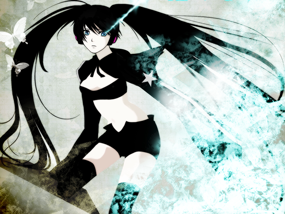 ataru (pixiv), black rock shooter (character), hatsune miku, black rock shooter, vocaloid, bad id, bad pixiv id, 10s, 1girl, bandeau, black hair, blue eyes, bug, butterfly, coat, female focus, gloves, glowing, glowing eye, glowing eyes, headset, hood, hooded jacket, insect, jacket, long hair, midriff, pale skin, shorts, solo, star (symbol), strapless, thighhighs, tube top, twintails, uneven twintails, very long hair