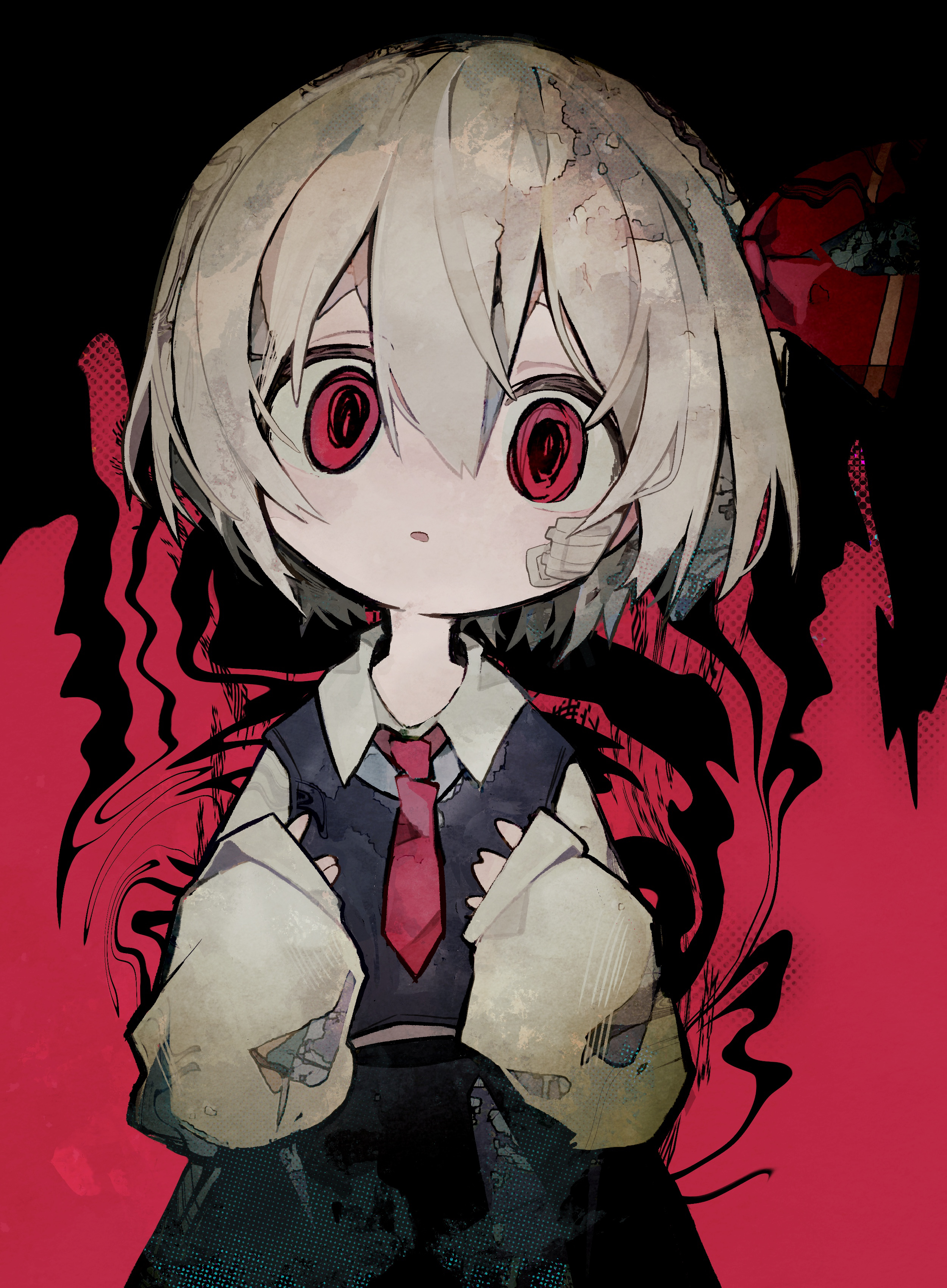 soresaki, rumia, touhou, absurdres, commentary, highres, variant set, 1girl, abstract background, bandage on cheek, black skirt, black vest, blonde hair, collared shirt, cowboy shot, hair between eyes, hair ribbon, hands up, looking at viewer, necktie, parted lips, red eyes, red necktie, red ribbon, ribbon, shirt, short hair, skirt, sleeves past wrists, solo, tareme, vest, white shirt