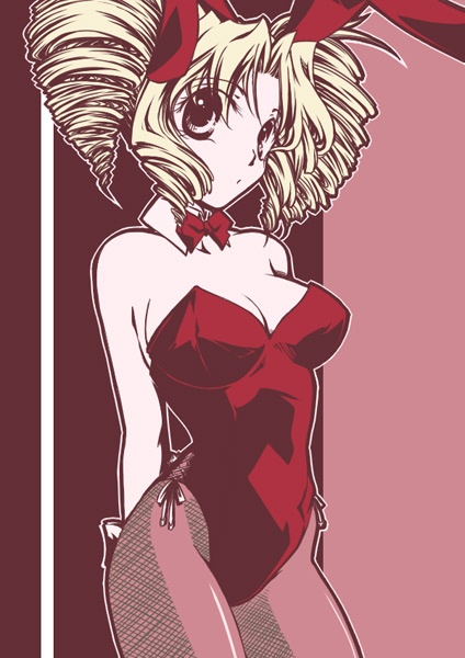 kyouya, animal ears, blonde hair, bow, bowtie, breasts, cleavage, detached collar, drill hair, fake animal ears, fishnet pantyhose, fishnets, leotard, pantyhose, playboy bunny, rabbit ears, red bow, red bowtie, solo, twintails