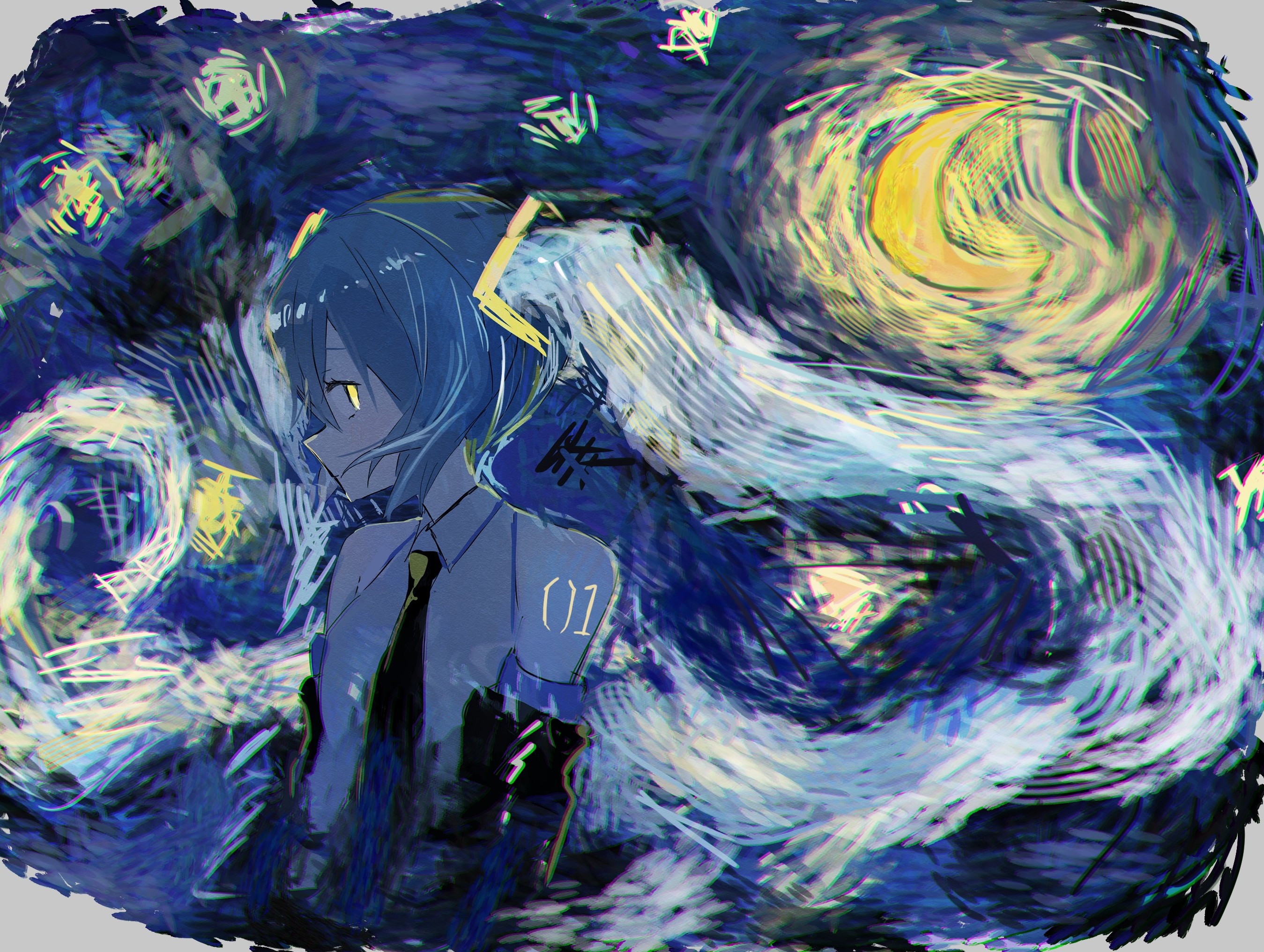 usagifuku, hatsune miku, vocaloid, commentary request, highres, 1girl, arm tattoo, bare shoulders, black sleeves, blue hair, collared shirt, crescent moon, detached sleeves, from side, long hair, moon, necktie on back, night, shirt, solo, starry night (van gogh), tattoo, twintails, upper body, white shirt, yellow eyes