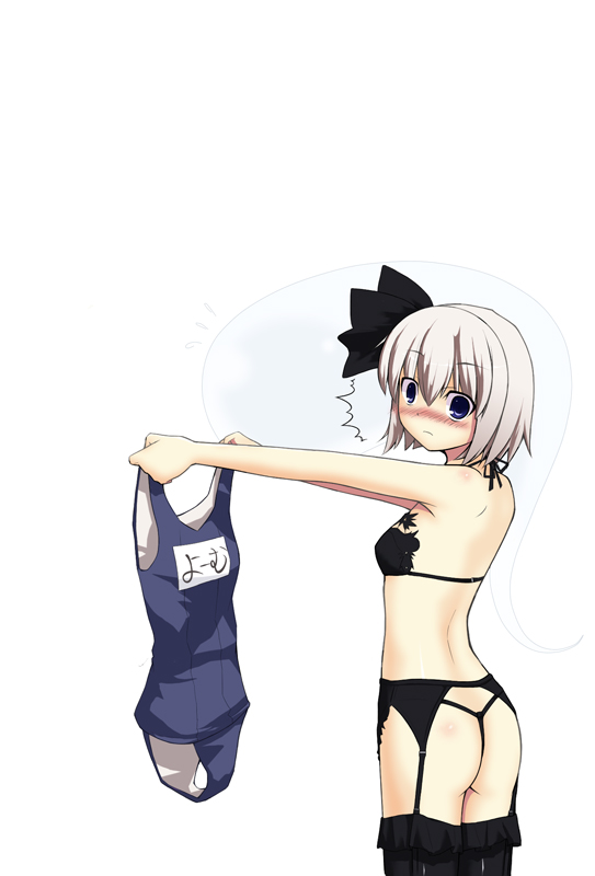 tama (pixiv), tama (speedgrapher), konpaku youmu, konpaku youmu (ghost), touhou, bad id, bad pixiv id, 1girl, ^^^, ass, black bra, black panties, black thighhighs, blue eyes, blush, bow, bra, butt crack, embarrassed, female focus, frown, g-string, garter belt, ghost, hair bow, halterneck, lingerie, looking at viewer, looking back, name tag, nose blush, one-piece swimsuit, panties, school swimsuit, simple background, solo, string panties, surprised, swimsuit, thighhighs, thong, underwear, underwear only, white background