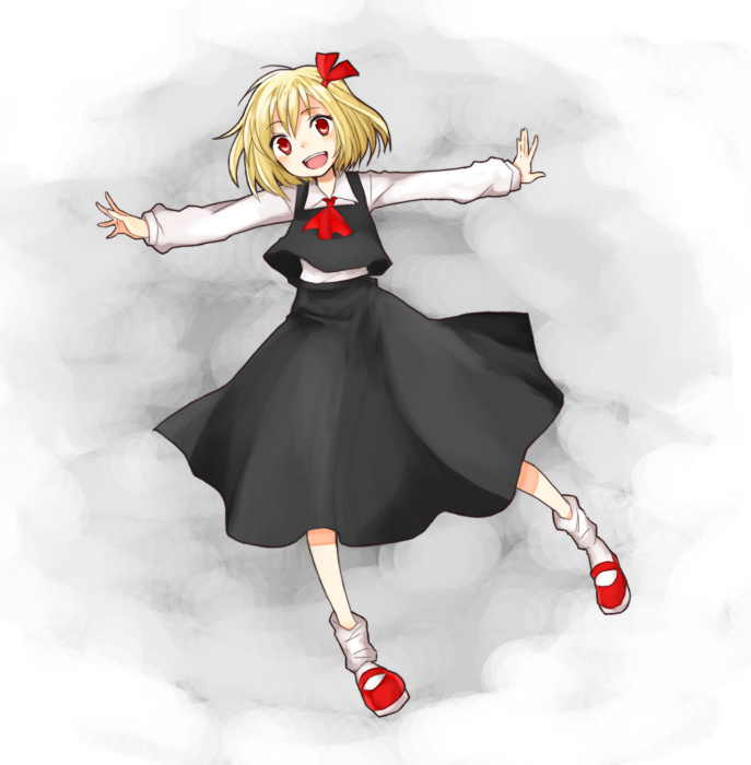 miya (tsumazukanai), rumia, embodiment of scarlet devil, touhou, bad id, bad pixiv id, 1girl, ascot, blonde hair, female focus, hair ribbon, open mouth, outstretched arms, red eyes, ribbon, short hair, solo, spread arms