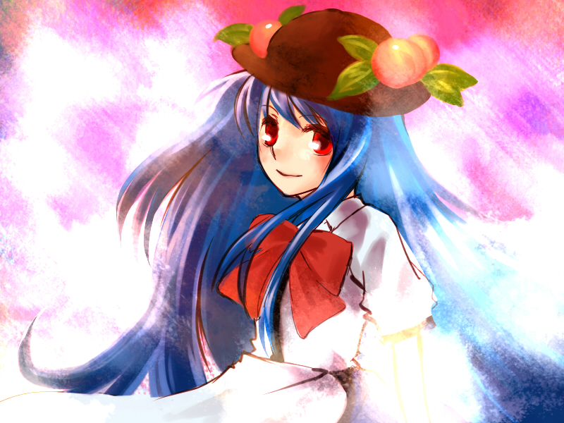 saia (mafoi), hinanawi tenshi, touhou, 1girl, blue hair, female focus, food, fruit, hat, long hair, peach, ribbon, solo, upper body