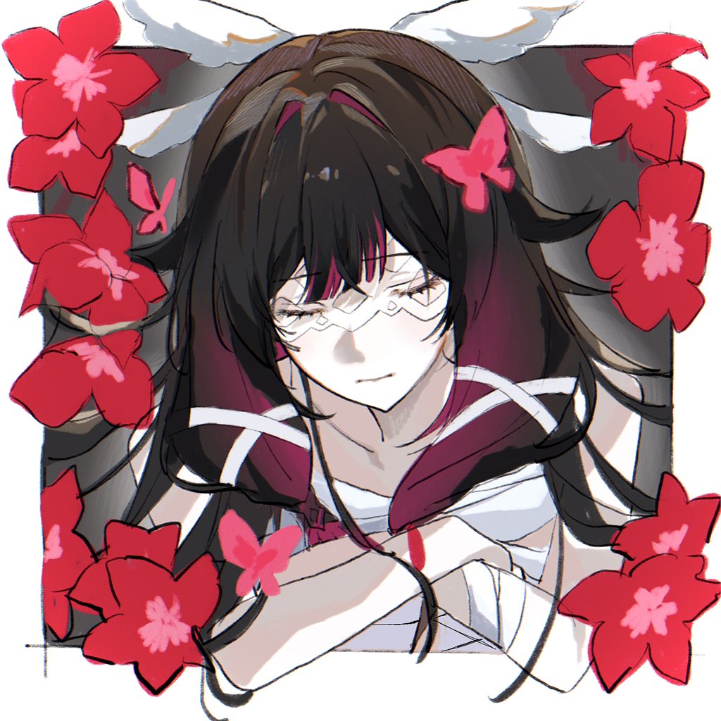 columbina (genshin impact), genshin impact, 1girl, black hair, bug, butterfly, closed eyes, cropped torso, crossed arms, expressionless, eye mask, flower, hair ornament, insect, long hair, multicolored hair, red butterfly, red flower, solo, two-tone hair, white mask, wing hair ornament, yayu yyo430