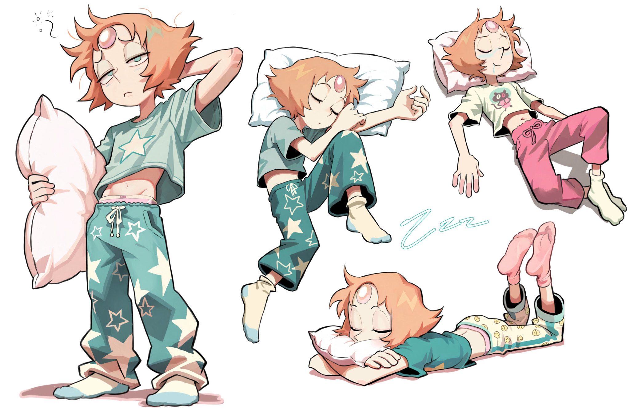 cookie cat (steven universe), pearl (steven universe), steven universe, commentary, highres, 1girl, alternate costume, blue eyes, blush, closed eyes, cropped shirt, drooling, fawken, forehead jewel, gem, gem (steven universe), holding, holding pillow, orange hair, pajamas, panties, pants, panty peek, pearl (species) (steven universe), pillow, shirt, short hair, smile, socks, star (symbol), star print, sweatpants, t-shirt, underwear, white socks