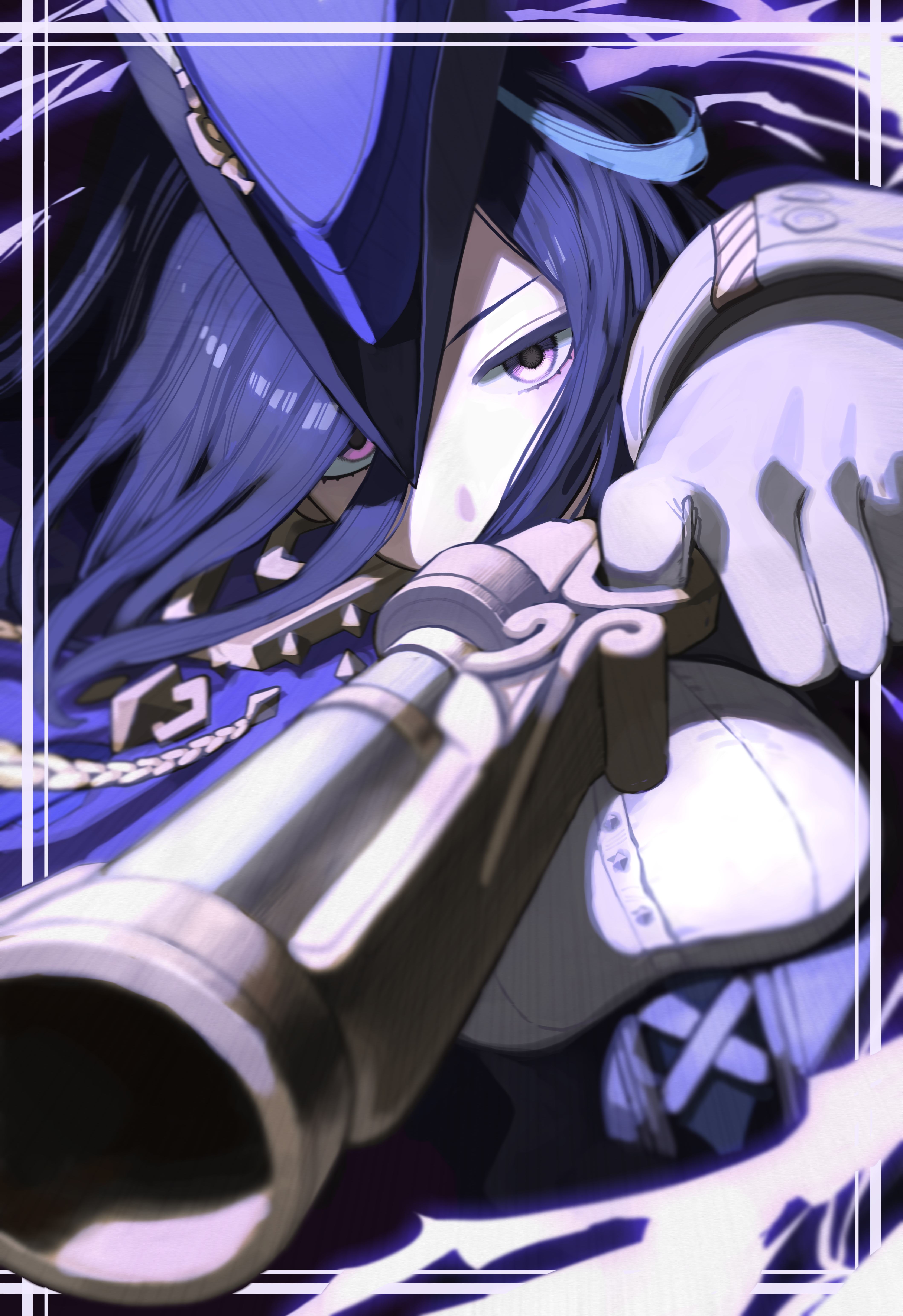 clorinde (genshin impact), genshin impact, absurdres, commentary request, highres, 1girl, aiming, antique firearm, blue eyes, breasts, epaulettes, firearm, fold-over gloves, framed breasts, gloves, gun, hair between eyes, hat, large breasts, long hair between eyes, purple eyes, shirt, solo, tanururi, taut clothes, taut shirt, tricorne, weapon, white gloves