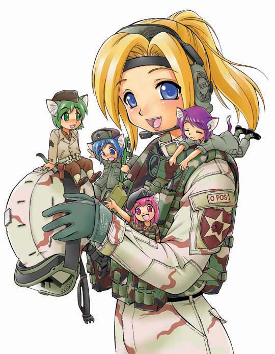 ebifly, moe-wakari! gunsou visual guide, united states army, 2nd division, 5girls, animal ears, blonde hair, blue eyes, cat ears, cat girl, cat tail, cover, cover page, female focus, goggles, military, military uniform, mini person, minigirl, multiple girls, open mouth, ponytail, tail