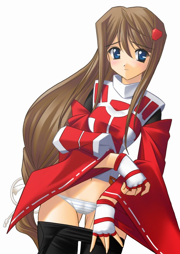 hiiragi akao, jinki, 00s, blue eyes, blush, brown hair, fingerless gloves, gloves, hair ornament, leggings, long hair, navel, panties, pantyhose, solo, striped clothes, striped panties, underwear, undressing, very long hair