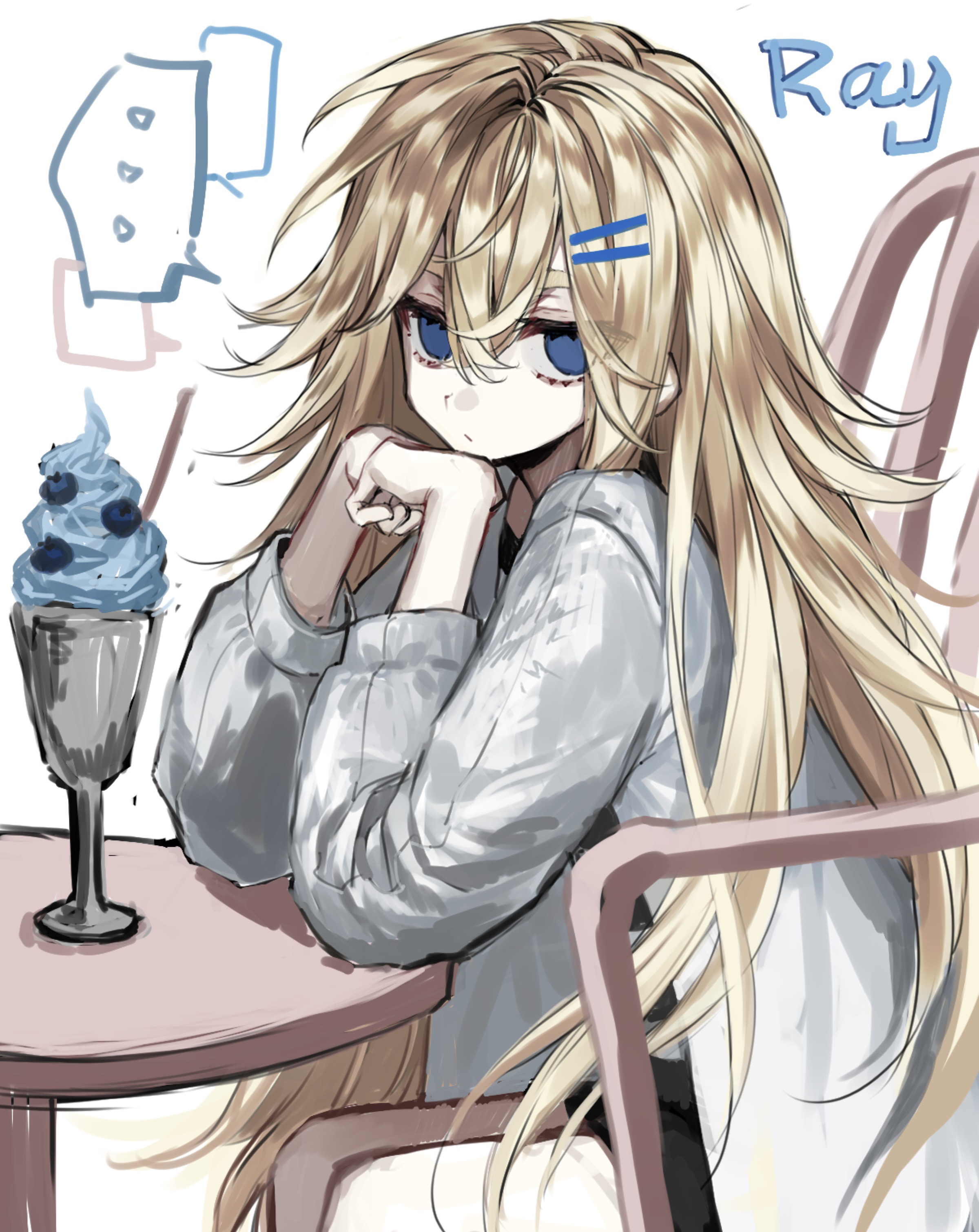 jcwlg, rachel gardner, satsuriku no tenshi, absurdres, chinese commentary, commentary request, highres, …, 1girl, blonde hair, blue eyes, chair, character name, closed mouth, expressionless, eyes visible through hair, hair between eyes, hair ornament, hairclip, jacket, long hair, long sleeves, open clothes, open jacket, own hands together, parallel hairclips, solo, speech bubble, spoken ellipsis, table, very long hair, white jacket