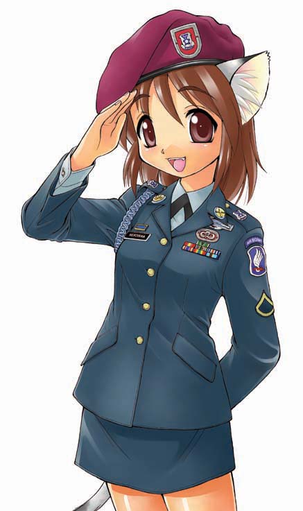 ebifly, moe-wakari! gunsou visual guide, 1girl, animal ears, beret, brown eyes, brown hair, cat ears, cat tail, female focus, hat, military, military uniform, pencil skirt, salute, simple background, skirt, solo, tail, white background