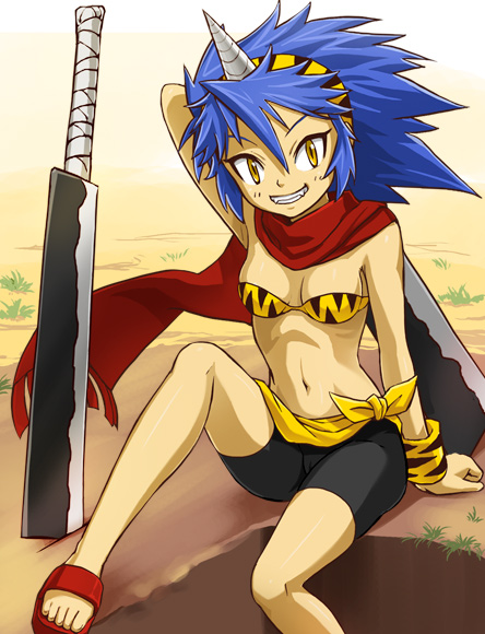 haruyama kazunori, kaminari oni, banpresto, super robot wars, super robot wars og saga mugen no frontier, super robot wars og saga mugen no frontier exceed, 1girl, animal print, arm support, bandeau, bike shorts, bikini, bikini top only, blue hair, breasts, cameltoe, cleavage, feet, female focus, grin, hairband, horns, medium breasts, midriff, navel, outdoors, sandals, sarong, scarf, short hair, single horn, sitting, smile, solo, strapless, swimsuit, sword, tiger print, tube top, weapon, wristband, yellow eyes