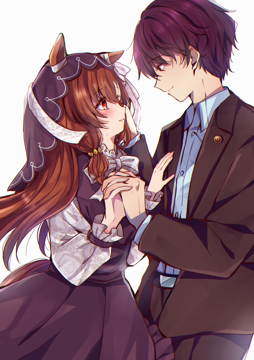 chiyakobu, still in love (umamusume), trainer (umamusume), umamusume, 1boy, 1girl, animal ears, black jacket, black pants, blush, bow, brown hair, closed mouth, dress, hand on another's chest, hand on another's face, holding hands, horse ears, horse girl, horse tail, interlocked fingers, jacket, long hair, looking at another, pants, parted lips, purple dress, purple hair, purple veil, red eyes, short hair, smile, tail, veil, white bow, white sleeves