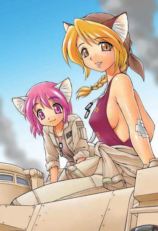 ebifly, 2girls, animal ears, bandages, bandana, blonde hair, braid, breasts, cat ears, large breasts, military, military uniform, multiple girls, purple eyes, purple hair, sideboob, yellow eyes