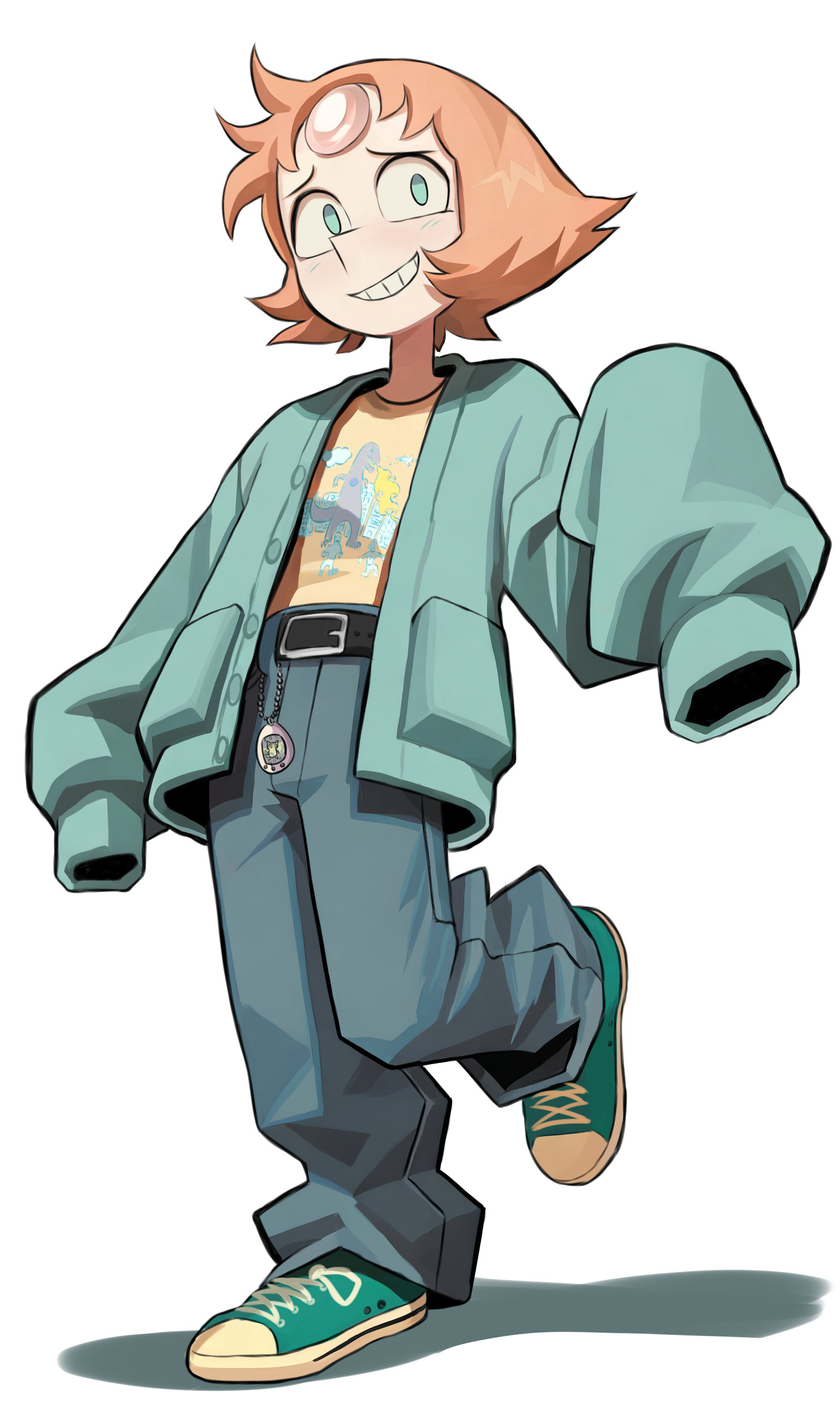 pearl (steven universe), steven universe, tamagotchi, absurdres, commentary, highres, 1girl, alternate costume, fawken, forehead jewel, full body, gem, gem (steven universe), pearl (species) (steven universe), shirt, short hair, simple background, smile, solo, tamagotchi (virtual pet), virtual pet (toy)