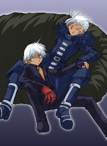 k' (kof), krizalid, snk, the king of fighters, lowres, 2boys, belt, blue eyes, boots, gloves, male focus, multiple boys, sitting, white hair