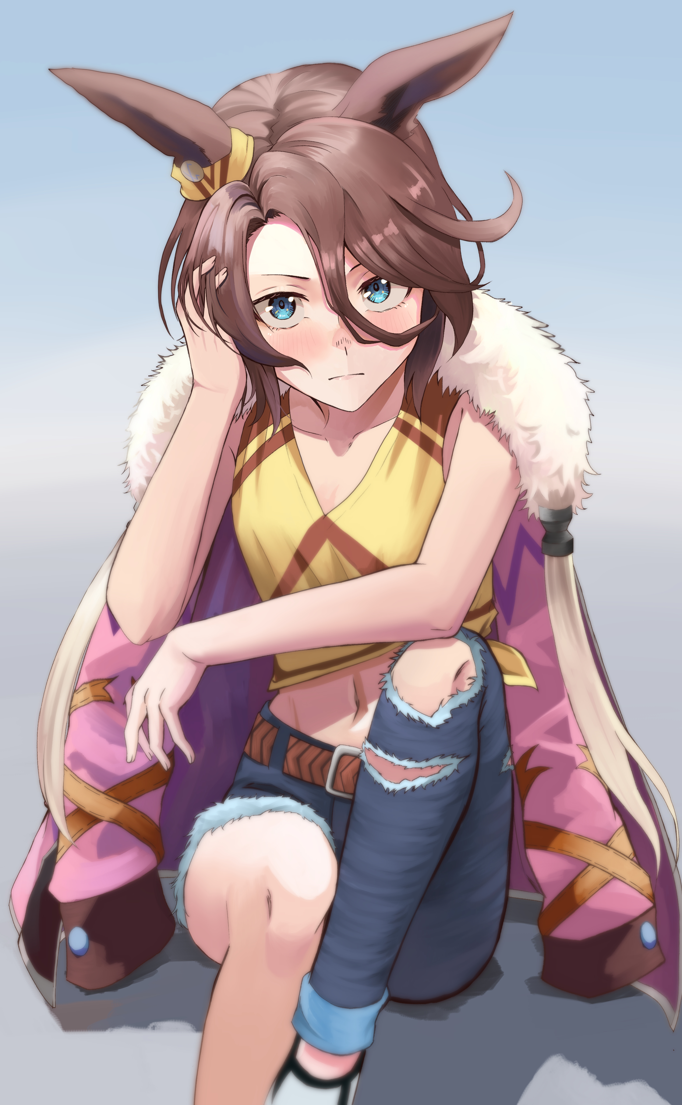 nida keita, narita taishin (umamusume), umamusume, absurdres, highres, 1girl, animal ears, blue eyes, blush, brown hair, closed mouth, denim, fur collar, hair between eyes, hand in own hair, horse ears, horse girl, jacket, jacket on shoulders, jeans, looking at viewer, pants, pink jacket, shirt, shoes, short hair, sleeveless, sleeveless shirt, solo, torn clothes, torn jeans, torn pants, white shoes, yellow shirt