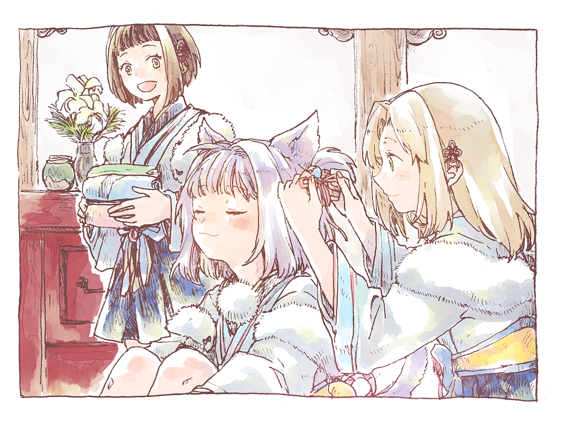 michibata 65, necoco (another eden), another eden, commentary request, 3girls, :3, :d, adjusting another's hair, animal ears, black hair, blonde hair, blue skirt, blunt bangs, blush, bob cut, border, cabinet, cat ears, cat girl, cat tail, closed eyes, closed mouth, curtained hair, feather boa, flower, folded clothes, fukurobe (another eden), green eyes, hair ornament, hakama, hakama short skirt, hakama skirt, hands up, hatching (texture), holding, holding unworn clothes, indoors, japanese clothes, kimono, knees up, linear hatching, long sleeves, looking at another, medium hair, multiple girls, nabeshima (another eden), on floor, open mouth, parted bangs, pom pom (clothes), purple hair, raised eyebrows, short hair, sidelocks, sitting, skirt, smile, tail, two side up, vase, white border, white kimono, wide sleeves, yellow flower