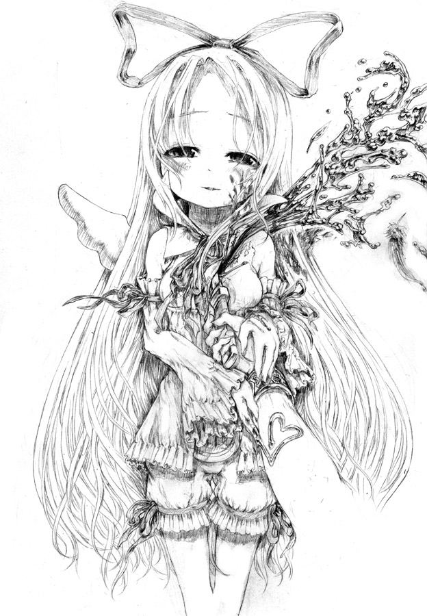 katzeh, flonne, laharl, disgaea, makai senki disgaea, nippon ichi, 00s, 1girl, blood, bow, cuts, death, deep wound, female focus, greyscale, guro, hair ribbon, heart, injury, kill, knife, long hair, monochrome, ribbon, smile, solo, very long hair, weapon, wings