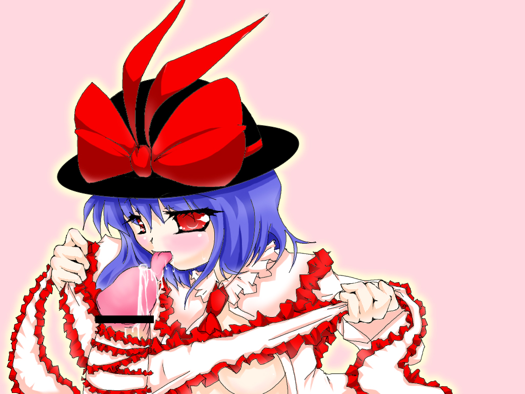 chi shu, chishu, nagae iku, touhou, bad id, bad pixiv id, 1girl, bar censor, censored, fellatio, licking, oral, penis, penis wrap, purple hair, ribbon, short hair, solo focus