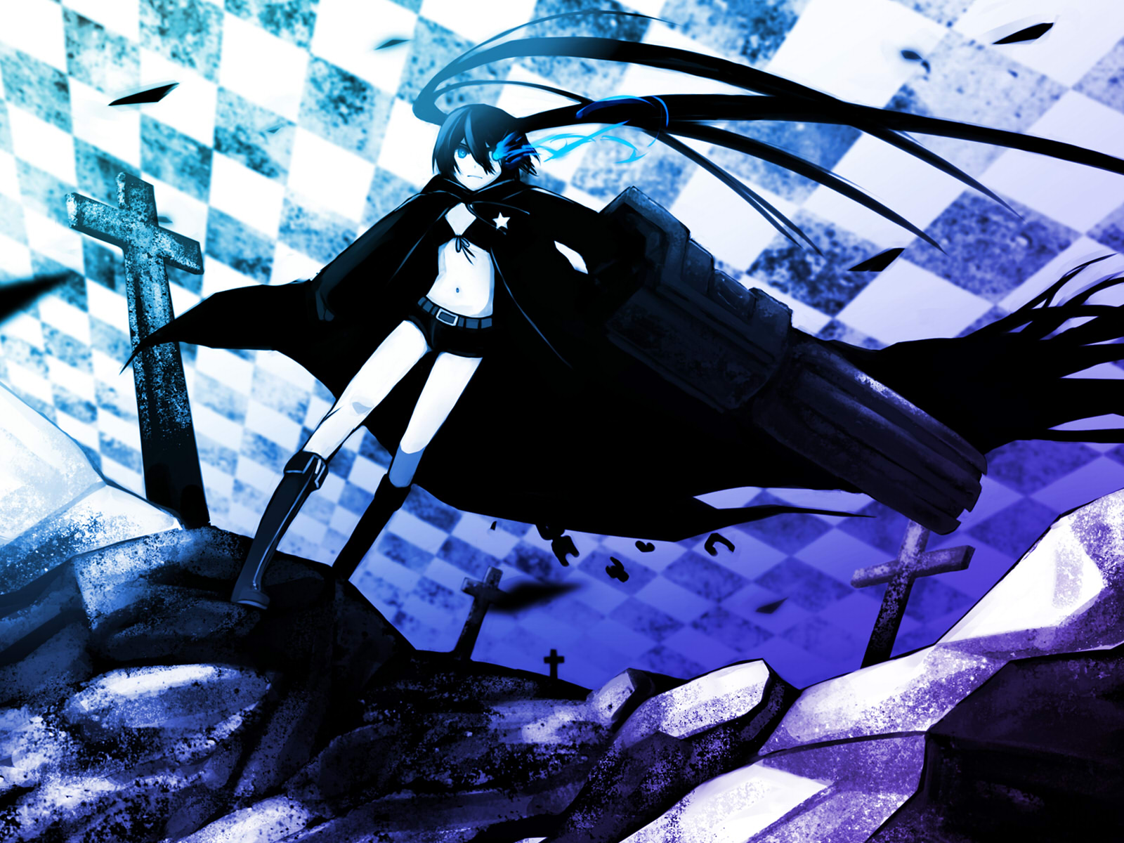 kahadu (kawazu), black rock shooter (character), hatsune miku, black rock shooter, vocaloid, bad id, bad pixiv id, highres, 10s, 1girl, arm cannon, belt, bikini, bikini top only, black hair, blue eyes, blue theme, boots, chain, cloak, coat, cross, female focus, flat chest, front-tie top, gloves, glowing, glowing eye, glowing eyes, gun, hood, hooded jacket, jacket, knee boots, latin cross, long hair, midriff, monochrome, pale skin, short shorts, shorts, solo, star (symbol), swimsuit, twintails, uneven twintails, very long hair, weapon