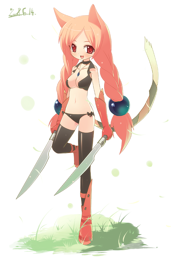ume soba, character request, source request, animal ears, bra, braid, cat ears, cat tail, dual wielding, gloves, holding, lingerie, long hair, panties, solo, sword, tail, thighhighs, twin braids, underwear, underwear only, weapon