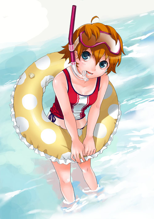 mattaku mousuke, ahoge, bikini, blue eyes, brown hair, goggles, innertube, red bikini, short hair, snorkel, solo, swim ring, swimsuit, tankini, water