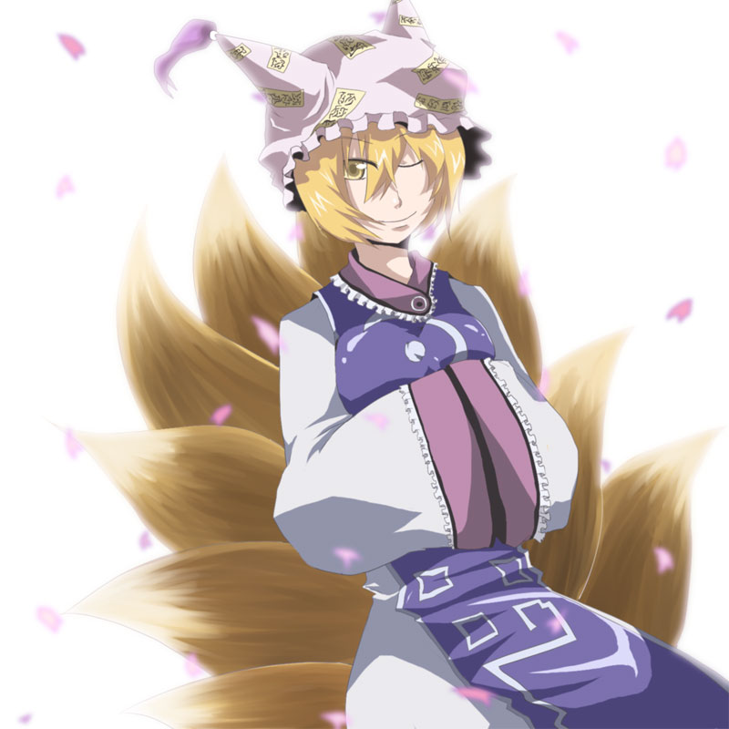 shion (ikihara), shion (pixiv), yakumo ran, touhou, bad id, bad pixiv id, 1girl, animal ears, animal hat, blonde hair, female focus, fox ears, fox tail, hands in opposite sleeves, hat, long sleeves, mob cap, one eye closed, petals, short hair, solo, tail, tassel, white background, wide sleeves, wink