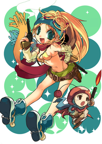 sagano aoi, moogle, rikku (ff10), final fantasy, final fantasy x, final fantasy x-2, lowres, 00s, 1girl, @ @, belt, blonde hair, boots, bra, chibi, gun, hairband, handgun, lingerie, long hair, revealing clothes, revolver, scarf, shorts, underwear, weapon