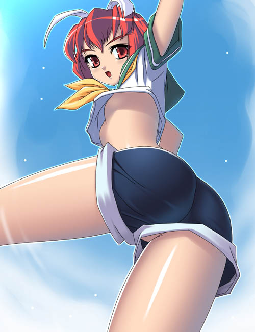 oxide (artist), original, bad id, bad pixiv id, 1girl, :o, ass, blush, cloud, denim, denim shorts, embarrassed, female focus, flat chest, from below, hair ribbon, looking at viewer, looking down, midriff, necktie, no bra, no panties, open mouth, outdoors, outstretched arm, partially visible vulva, red eyes, red hair, ribbon, school uniform, serafuku, shiny skin, short hair, short shorts, shorts, sky, solo, spread legs, surprised, thighs, upshirt, upshorts