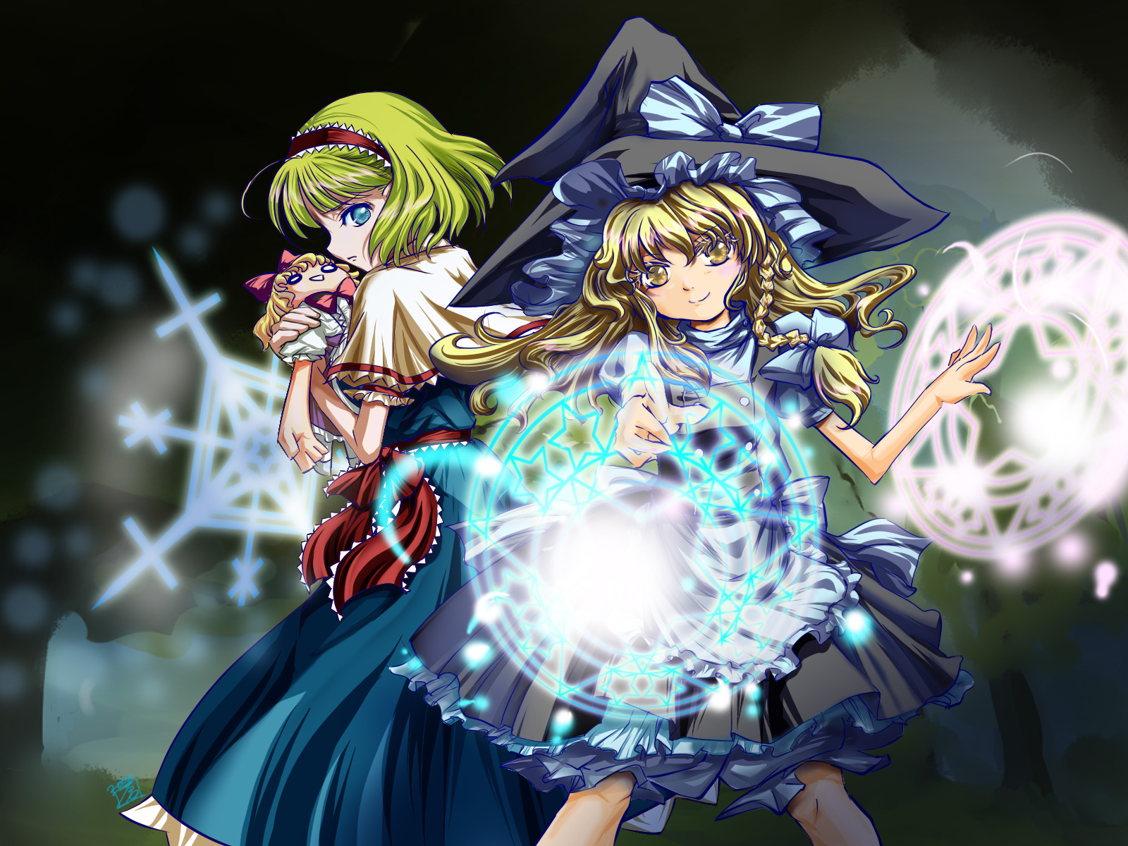 aoi no tasuku, souno tasuku, alice margatroid, kirisame marisa, touhou, highres, 2girls, blonde hair, blue eyes, doll, female focus, gradient background, hairband, hat, long hair, magic circle, multiple girls, ribbon, short hair, witch, witch hat, yellow eyes