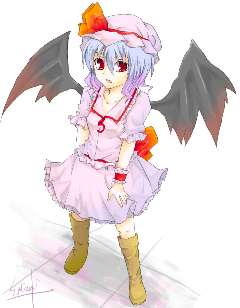 shiki mizuki, remilia scarlet, touhou, bad id, bad pixiv id, 1girl, bat wings, blue hair, female focus, full body, hat, red eyes, ribbon, short hair, signature, skirt, solo, white background, wings, wrist cuffs