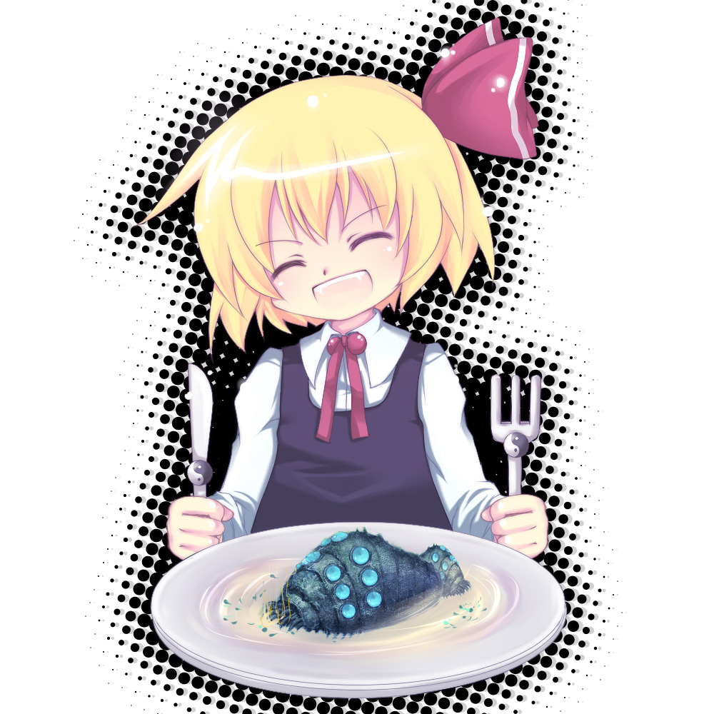 mikazuki sara, ohmu, rumia, embodiment of scarlet devil, kaze no tani no nausicaa, touhou, 1980s (style), bad id, bad pixiv id, 1girl, blonde hair, closed eyes, eating, female focus, fork, holding, holding fork, knife, oldschool, plate, retro artstyle, ribbon, short hair, smile, solo