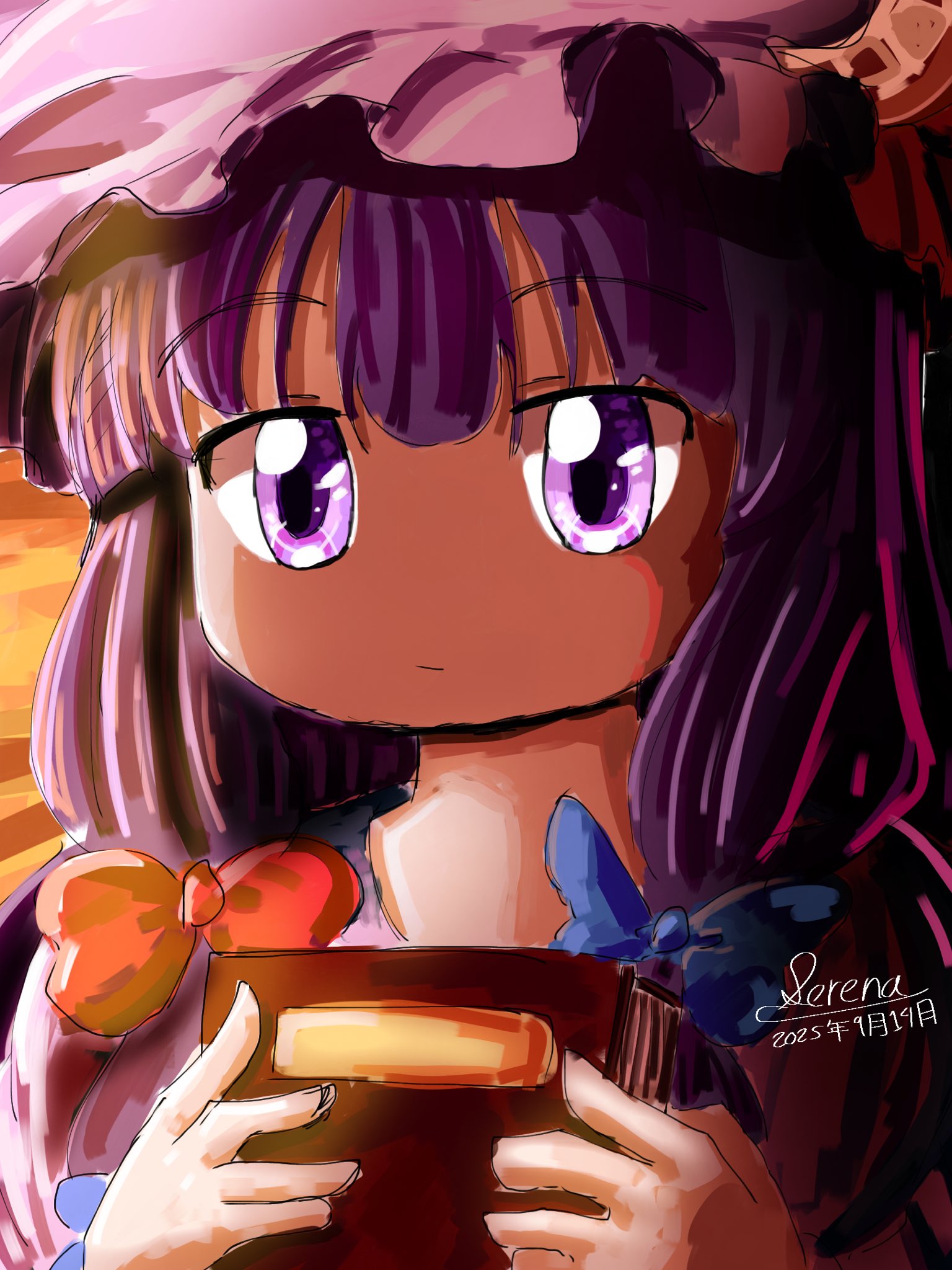 patchouli knowledge, touhou, highres, 1girl, book, bow, crescent, crescent hair ornament, crescent hat ornament, dress, hair bow, hair ornament, hat, hat ornament, holding, holding book, long hair, looking at viewer, mob cap, purple eyes, purple hair, ribbon, serenity wheats, solo, striped clothes, striped dress