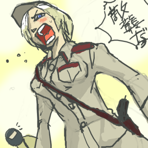 uniform, lowres, translated, blonde hair, blue eyes, blush, gun, hat, military, oekaki, short hair, soldier, solo, weapon