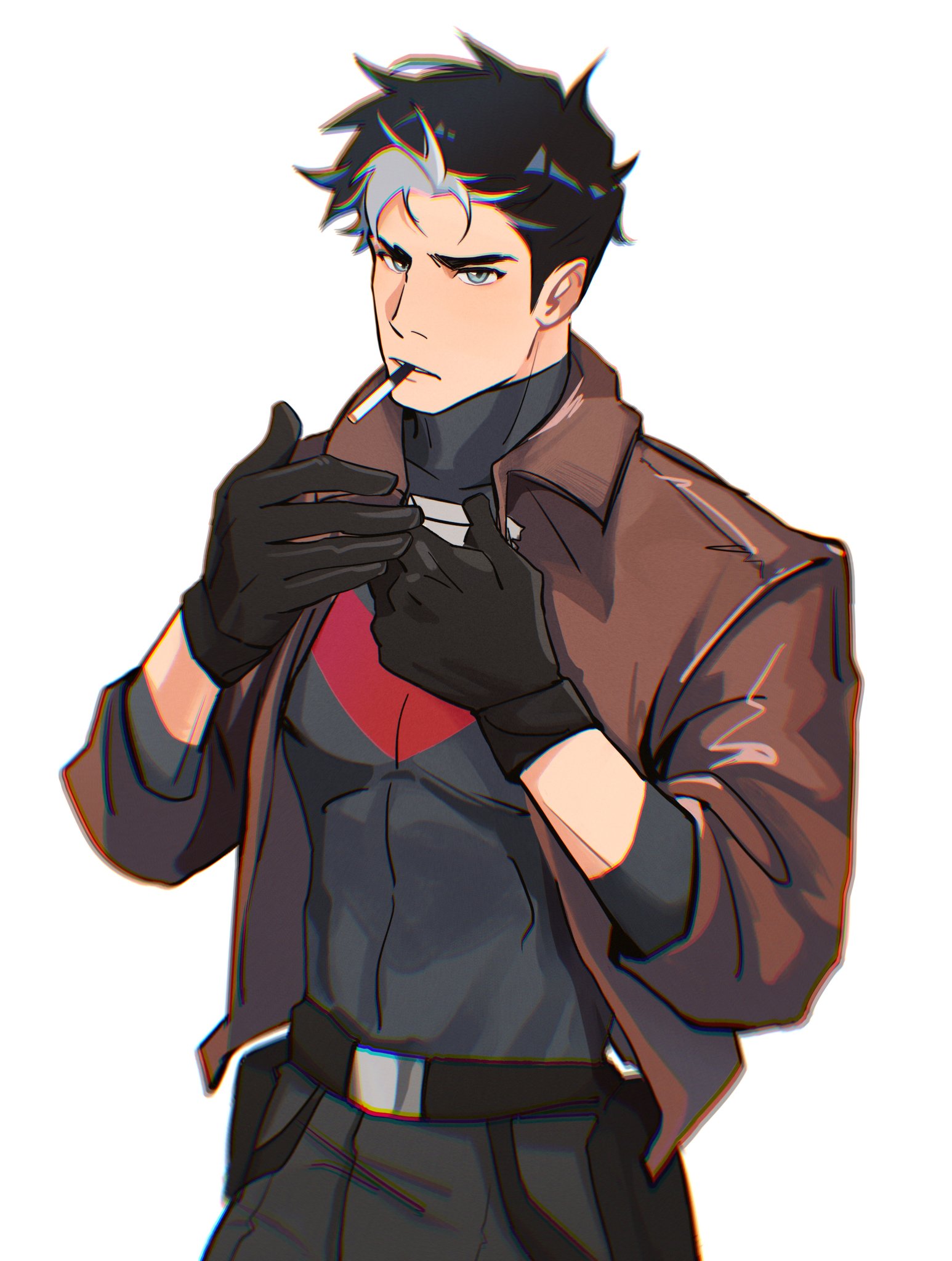 jason todd, red hood (dc), batman (series), dc comics, highres, 1boy, 7x7d77, bat signal, batman symbol, black bodysuit, black hair, blue eyes, bodysuit, brown jacket, gloves, grey bodysuit, holding, jacket, muscular, muscular male, red hood and the outlaws, short hair, superhero costume, taut bodysuit, two-tone bodysuit