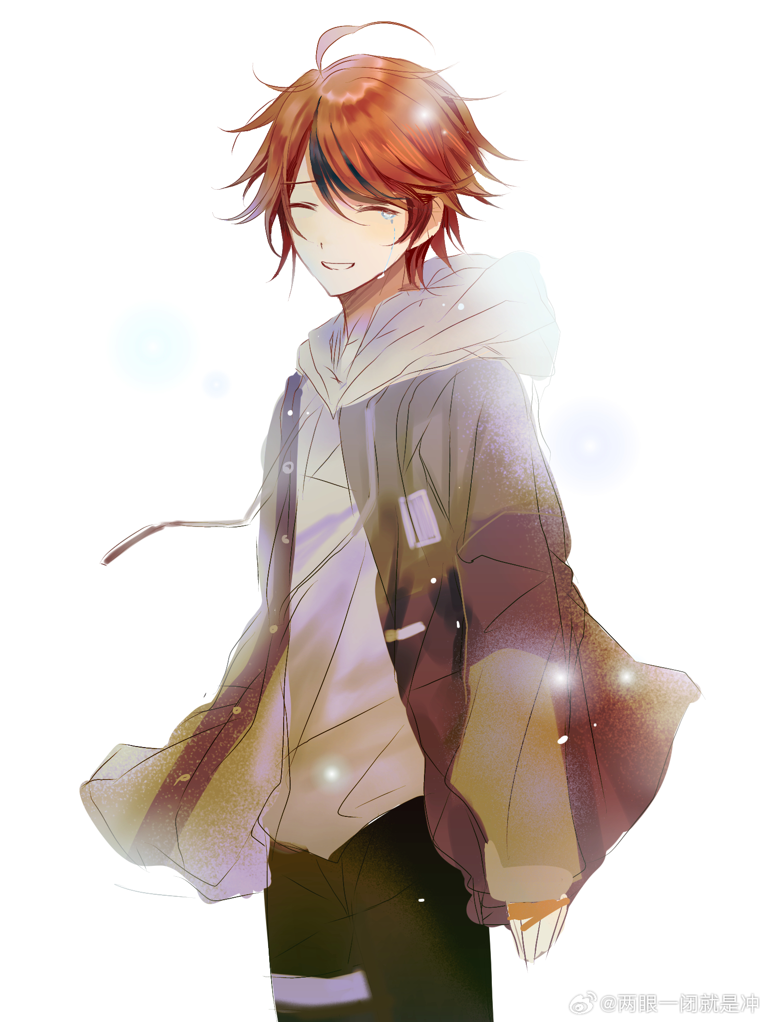 sumino takumi, the hundred line -last defense academy-, chinese commentary, commentary request, highres, variant set, 1boy, ^ ^, ahoge, black hair, black pants, closed eyes, cowboy shot, drawstring, grey jacket, hair between eyes, hood, hood down, hoodie, jacket, jacket over hoodie, liang yan yi bi jiushi chong, long sleeves, male focus, multicolored hair, open clothes, open jacket, pants, red hair, short hair, simple background, smile, solo, streaked hair, tears, tears from one eye, thigh strap, two-tone hair, watermark, weibo watermark, white background, white hoodie