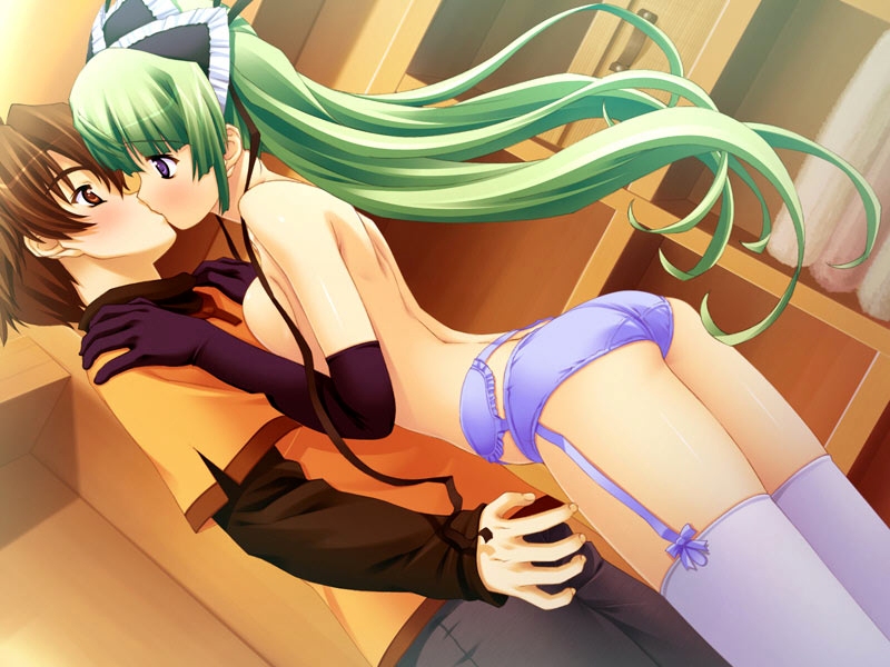 homura yukine, tsuchimochi riku, emupii maid promotion master, game cg, 1boy, 1girl, back, blue eyes, breast press, breasts, brown eyes, brown hair, elbow gloves, eye contact, french kiss, garter belt, garter straps, gloves, green hair, hetero, indoors, kiss, long hair, looking at another, panties, purple eyes, sideboob, thighhighs, topless female, twintails, underwear