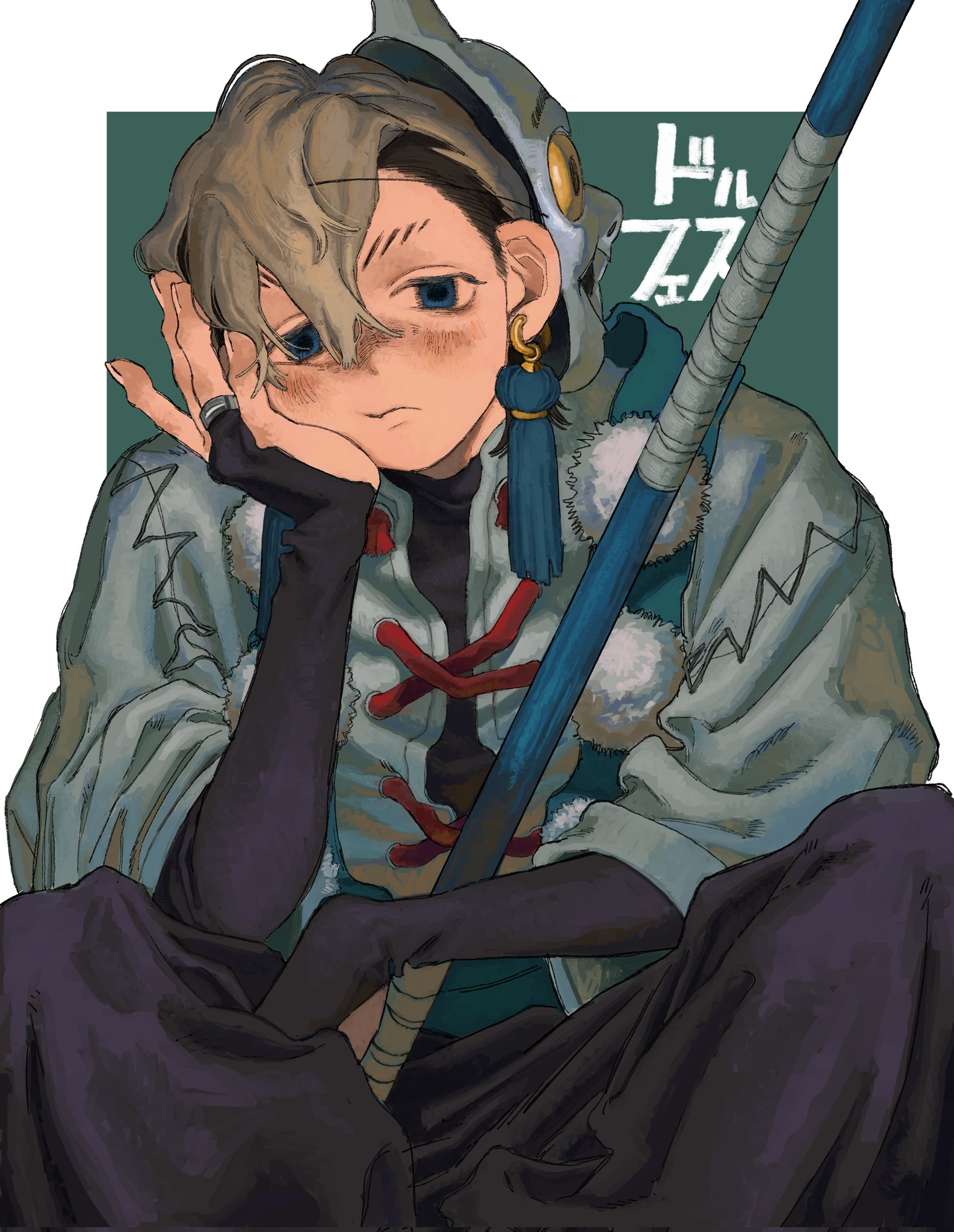 zanka nijiku, gachiakuta, highres, 1boy, black gloves, black pants, blonde hair, blue eyes, bridal gauntlets, closed mouth, cslqp5pqvy11536, earrings, gloves, jacket, jewelry, looking at viewer, mask, oni mask, pants, polearm, pom pom (clothes), ring, sasumata, solo, tassel, tassel earrings, weapon, white jacket