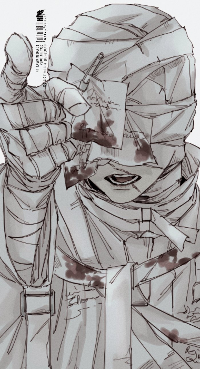 aleph (reverse:1999), the idealist (reverse:1999), reverse:1999, highres, 1boy, bandaged hand, bandaged head, bandages, covered eyes, facing viewer, grey background, gyujik qzc, hand up, male focus, open mouth, pointing, pointing at viewer, portrait, scar, scar on face, scar on mouth, shirt, solo, teeth, white shirt