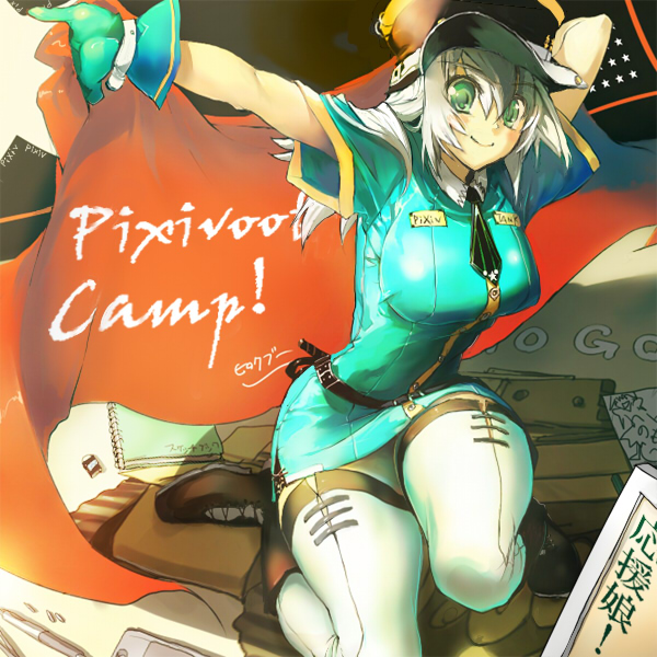 bob (biyonbiyon), original, pixiv, dress, gloves, green eyes, hat, necktie, smile, solo, thighhighs, white hair