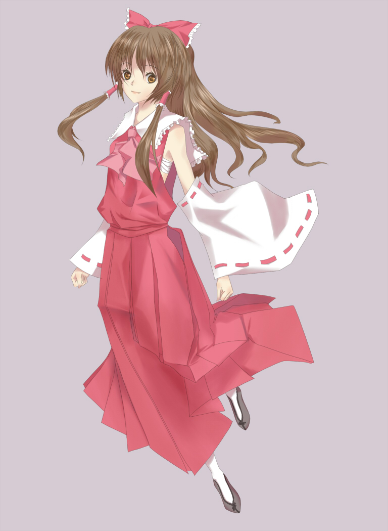 yuru (kashima), hakurei reimu, perfect cherry blossom, touhou, bad id, bad pixiv id, 1girl, detached sleeves, female focus, full body, japanese clothes, miko, sarashi, simple background, solo