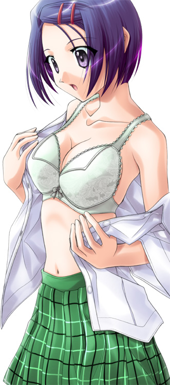 soyosoyo, sairenji haruna, to love-ru, 00s, 1girl, bra, female focus, lingerie, open clothes, open shirt, plaid clothes, plaid skirt, school uniform, serafuku, shirt, skirt, solo, underwear, undressing