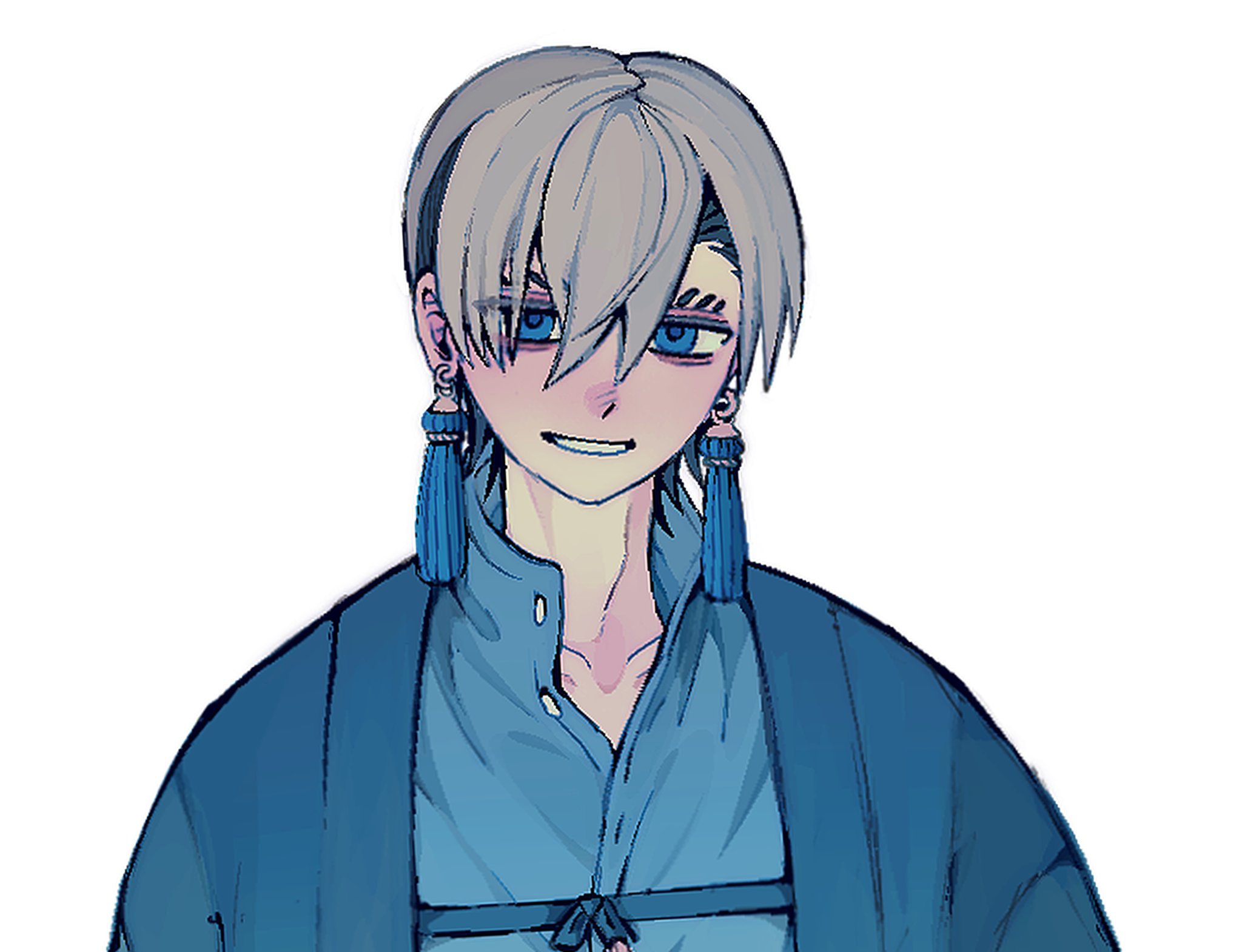 remonucha, zanka nijiku, gachiakuta, highres, 1boy, blonde hair, blue eyes, blue jacket, blue ribbon, blue shirt, earrings, jacket, jewelry, looking at viewer, open mouth, portrait, ribbon, shirt, simple background, smile, solo, tassel, tassel earrings, white background