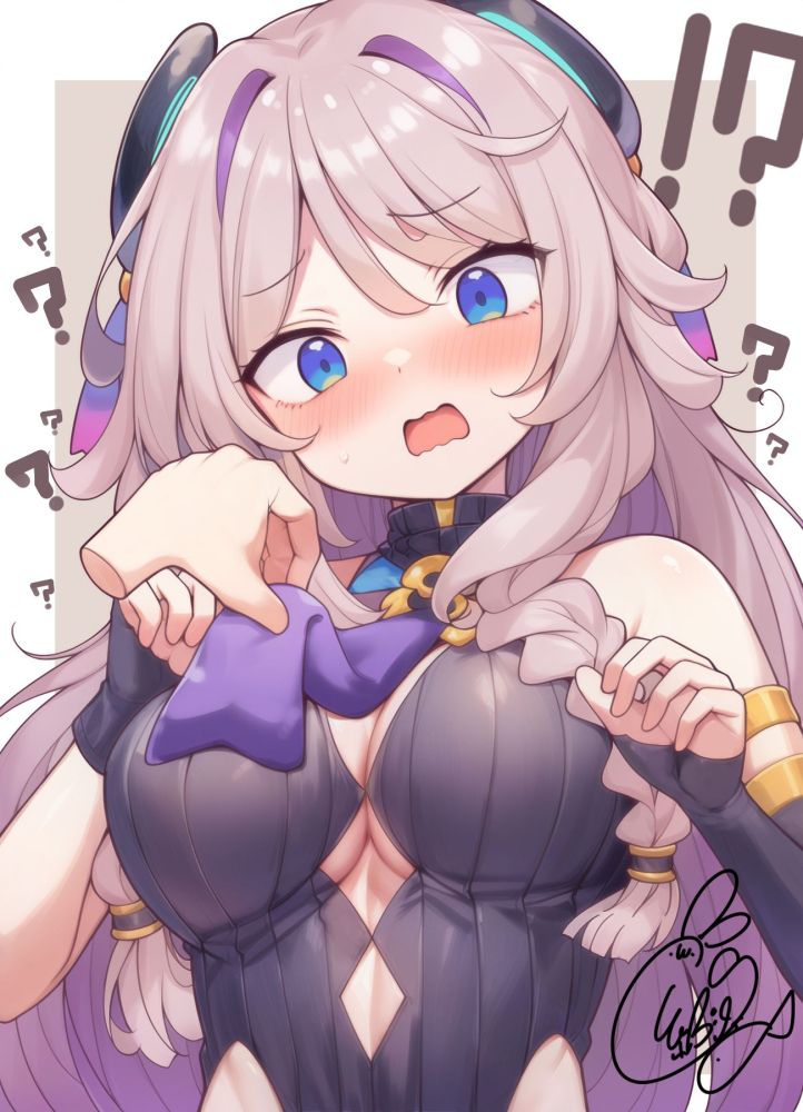 beni shake, citlali (genshin impact), genshin impact, commentary request, !?, 1girl, 1other, asymmetrical gloves, bare shoulders, black gloves, blue eyes, blush, braid, breasts, cleavage, disembodied hand, fingerless gloves, floating headgear, gloves, headgear, large breasts, long hair, looking at viewer, open mouth, pink hair, signature, sleeveless, twin braids, uneven gloves, very long hair