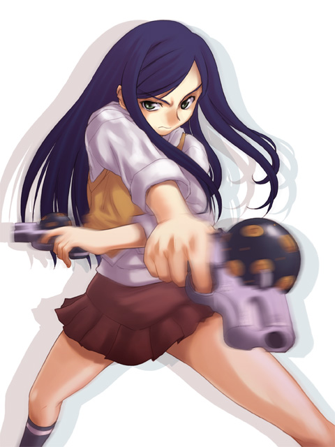 sakaki imasato, kuga natsuki, my-hime, 00s, blue hair, dual wielding, gangsta hold, green eyes, gun, hands on own hips, holding, motion blur, school uniform, serafuku, skirt, socks, solo, weapon