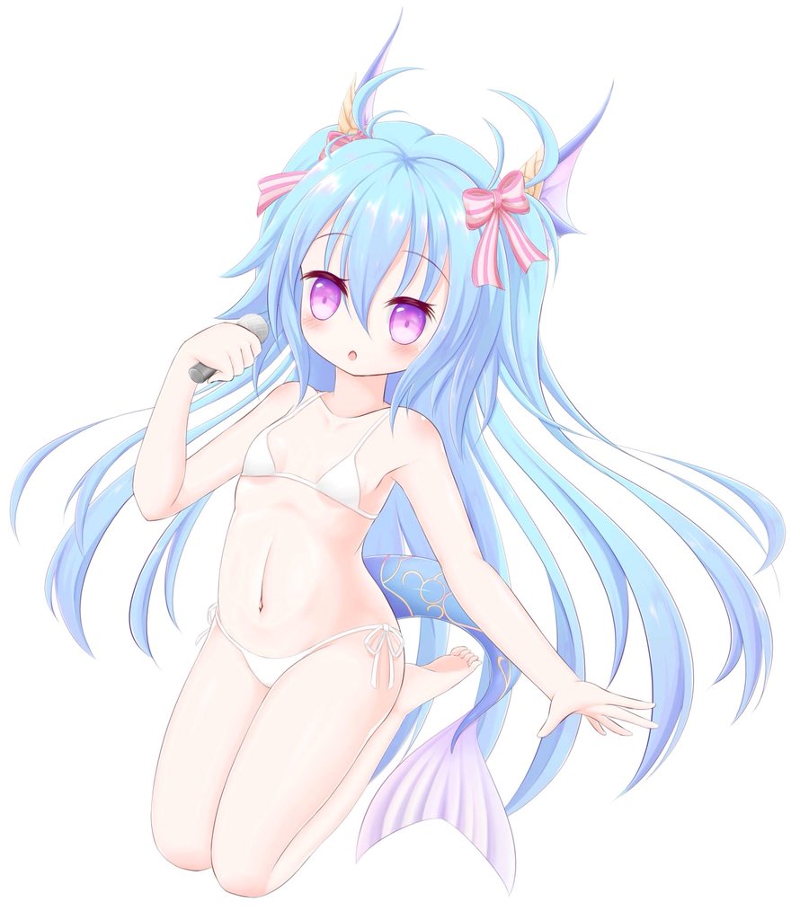 lorelei lore, emil chronicle online, 1girl, bikini, blue hair, bow, breasts, fins, fish tail, hair bow, haneno hitsuji, holding, holding microphone, horns, long hair, micro bikini, microphone, navel, open mouth, pink bow, purple eyes, small breasts, solo, swimsuit, tail, two side up, white background, white bikini