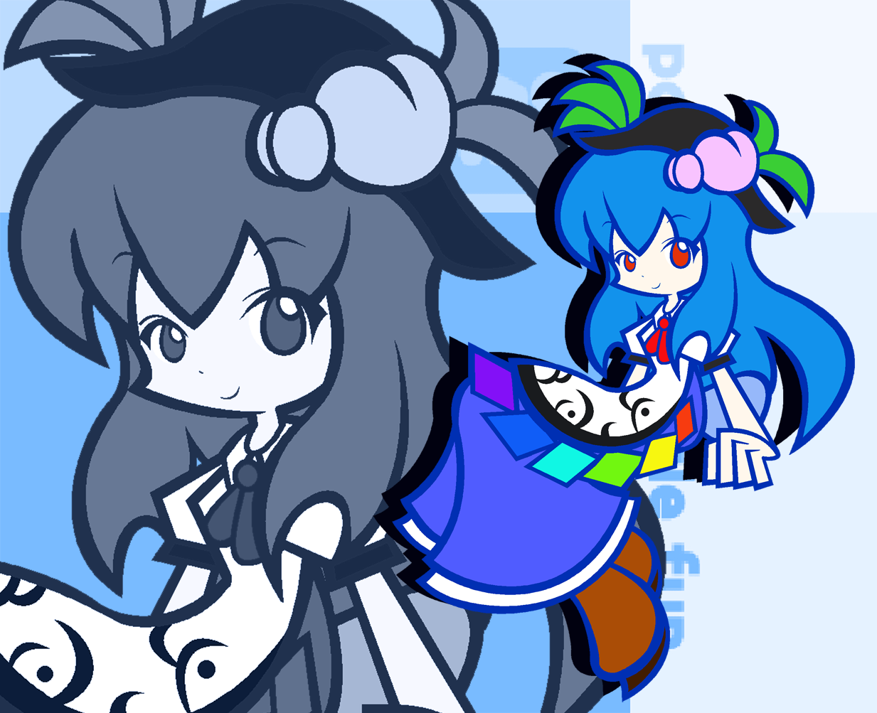 dokuro (pixiv), ikasui (okakenn1224), hinanawi tenshi, madou monogatari, puyopuyo, puyopuyo fever, touhou, 1girl, blue hair, female focus, food, fruit, hat, long hair, parody, peach, red eyes, solo, style parody, zoom layer