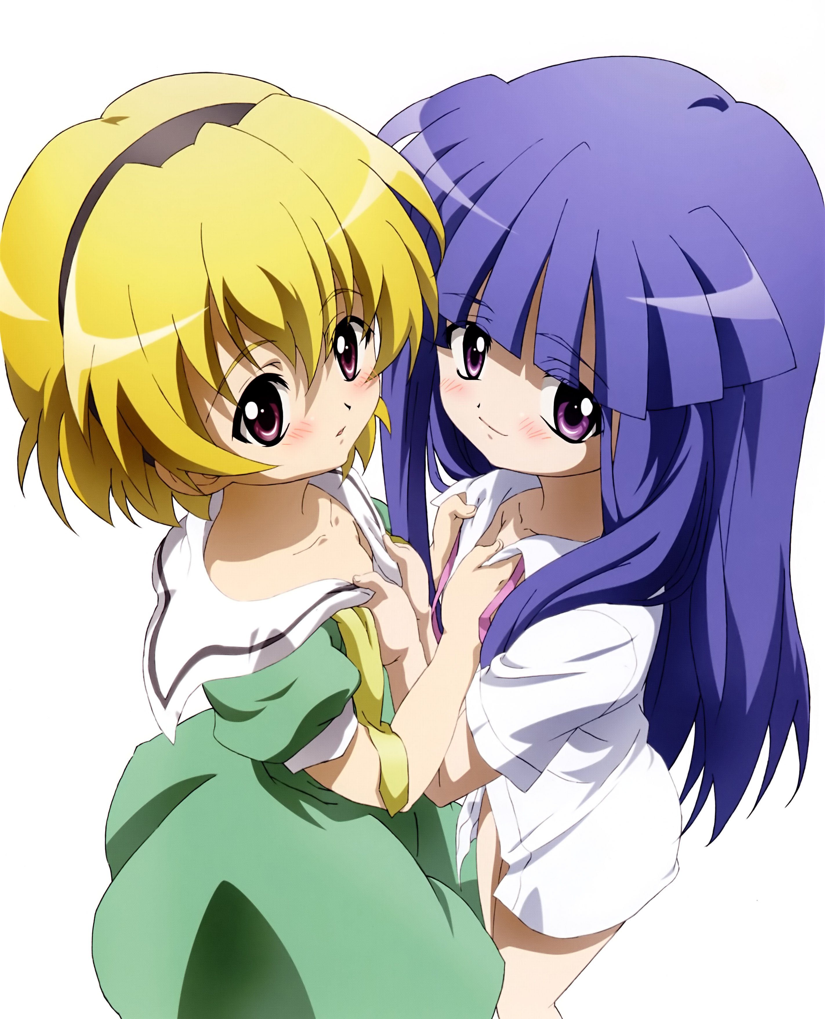 sakai kyuuta, furude rika, houjou satoko, 07th expansion, higurashi no naku koro ni, absurdres, highres, 00s, 2girls, blonde hair, blush, green skirt, multiple girls, skirt, undressing