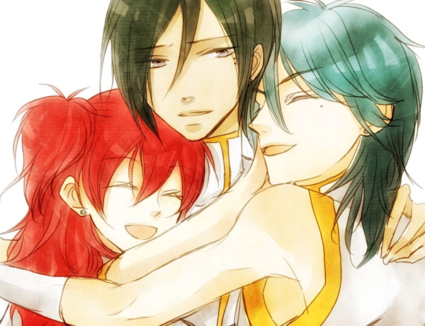 waka-kiyu, wakaki yu, johann trinity, michael trinity, nena trinity, gundam, gundam 00, bad id, bad pixiv id, 00s, 1girl, 2boys, brother and sister, brothers, closed eyes, green hair, hug, long hair, multiple boys, red hair, short hair, siblings, smile